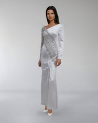 Asymmetrical Embellished Satin Gown with Slit – ODD- LUMINA