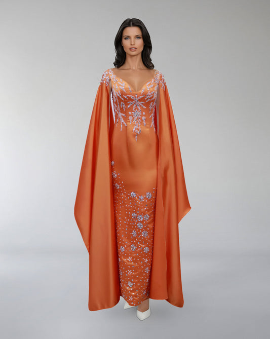 Embroidered Satin Gown with Flowing Cape – ODD- SOLIRA