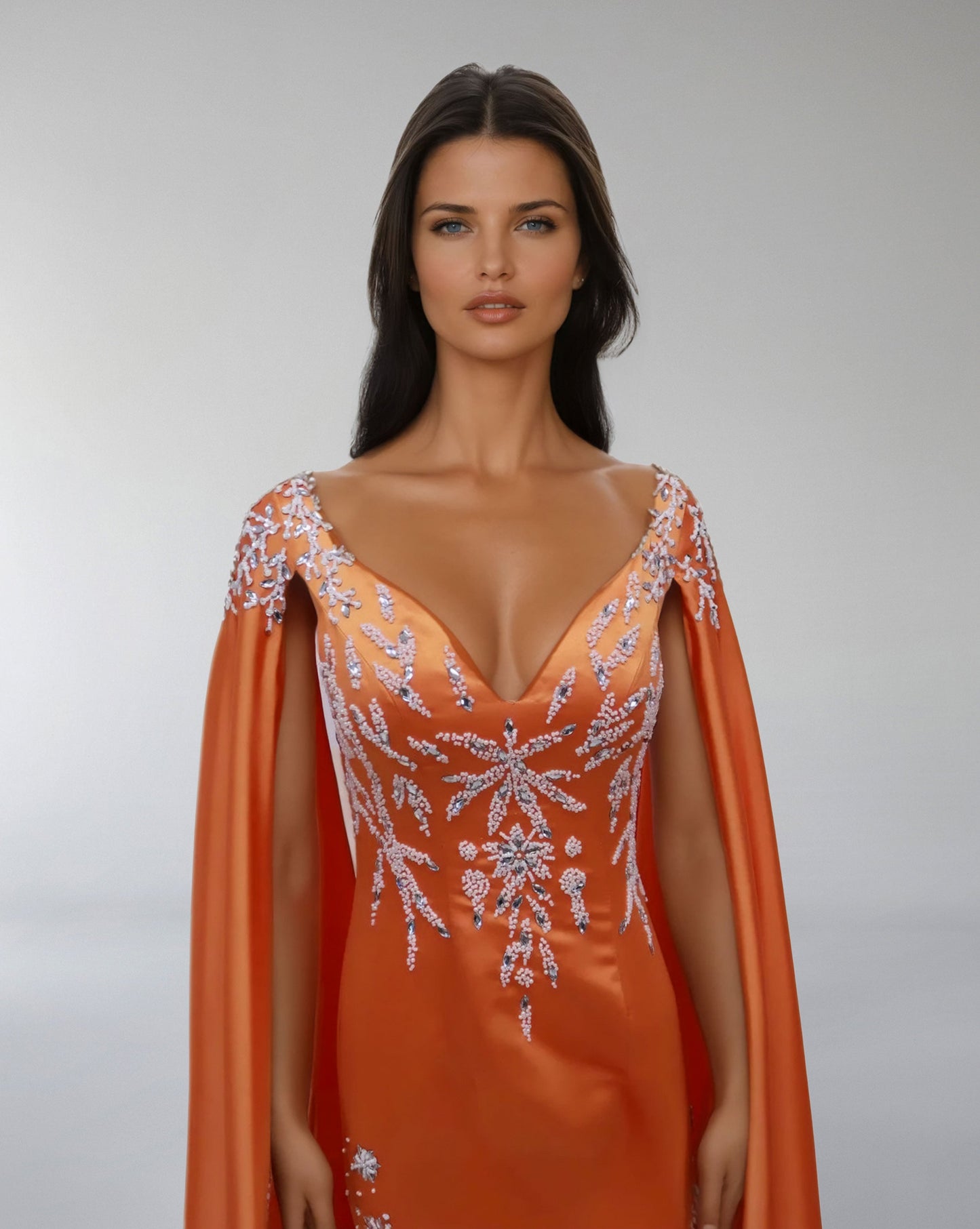 Embroidered Satin Gown with Flowing Cape – ODD- SOLIRA