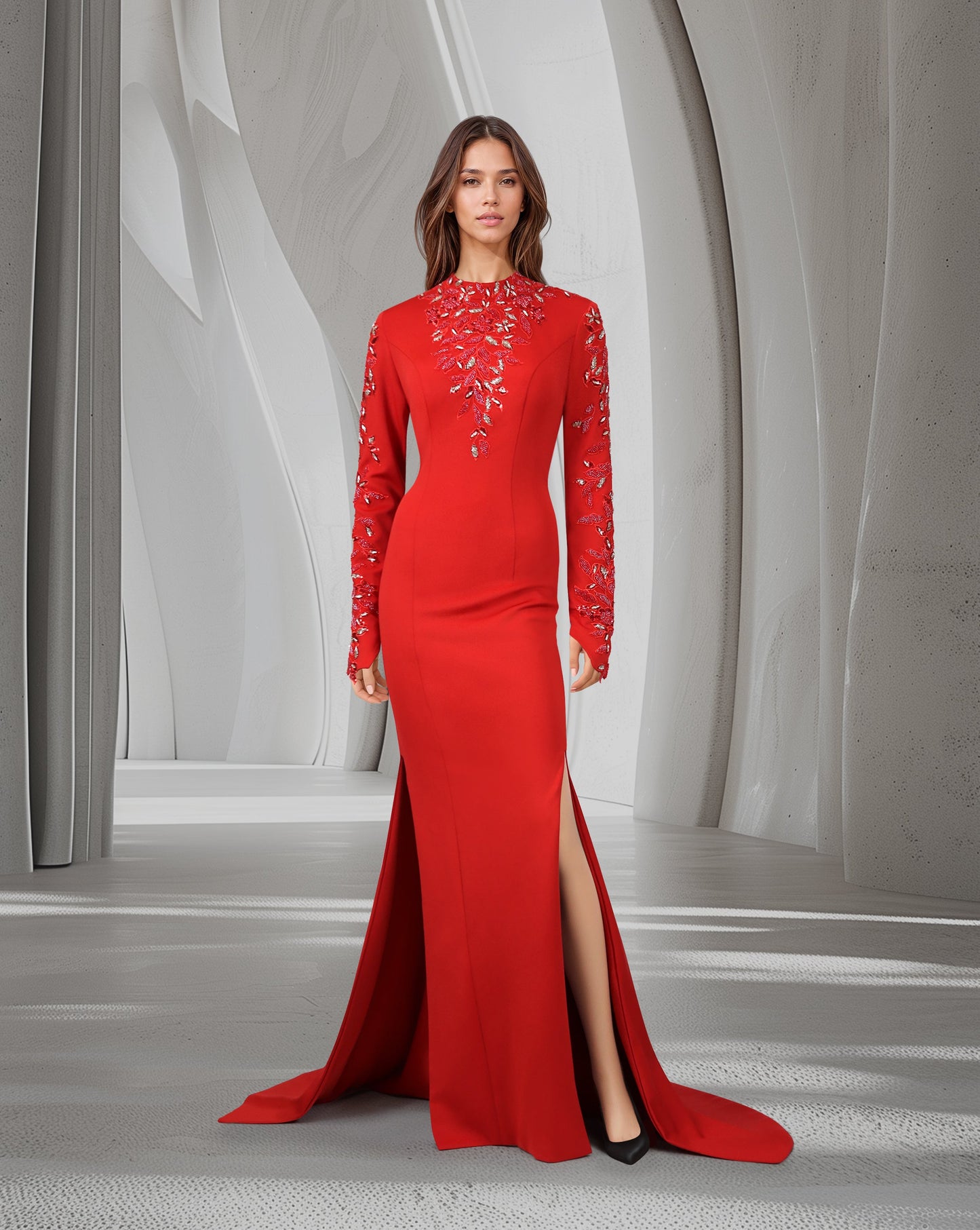 ODD-Beaded long-sleeve dress, with side slits and train