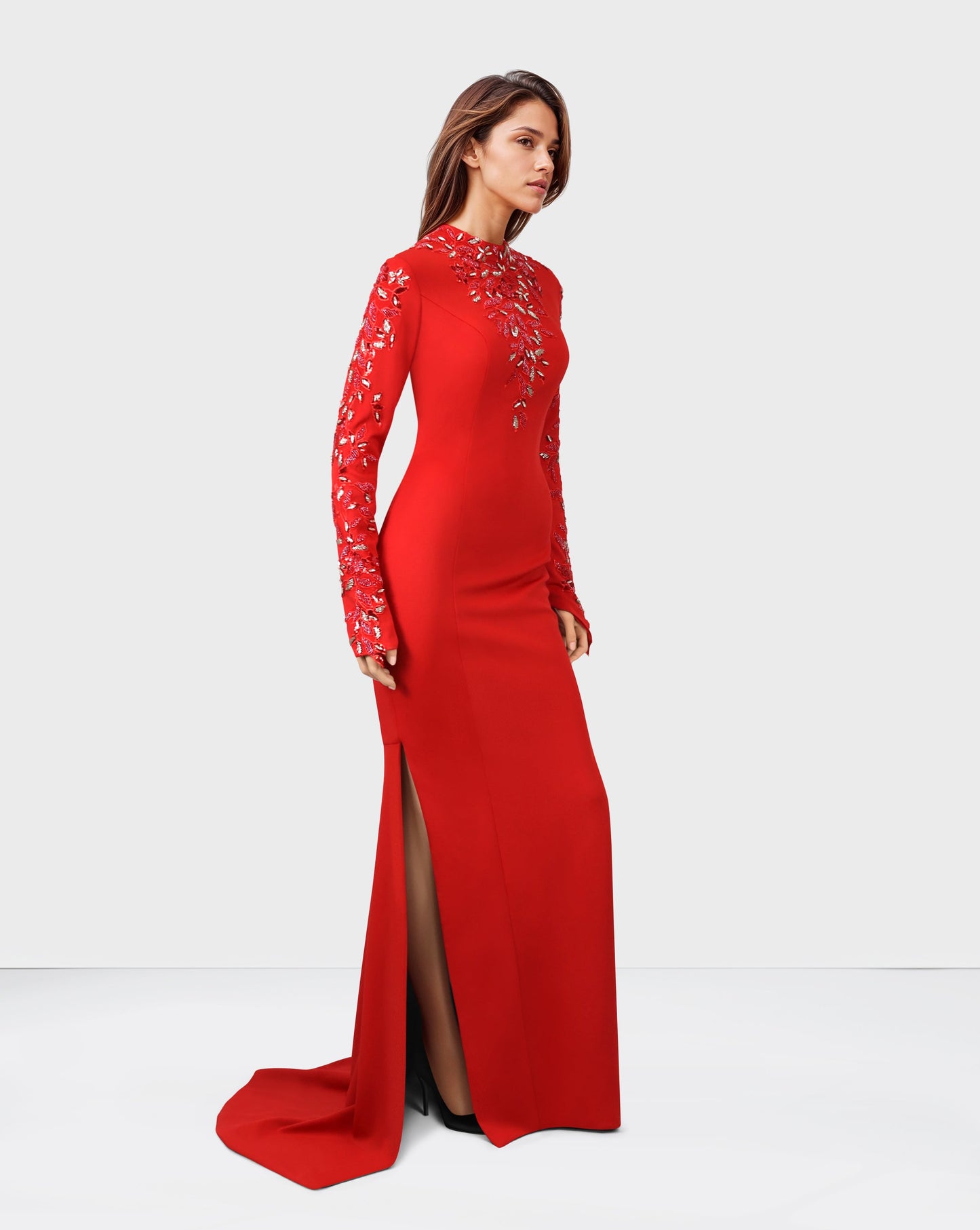 ODD-Beaded long-sleeve dress, with side slits and train