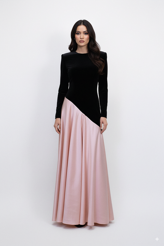 velvet and satin color-block gown with long sleeves – ODD- SALIEN
