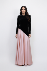 velvet and satin color-block gown with long sleeves – ODD- SALIEN