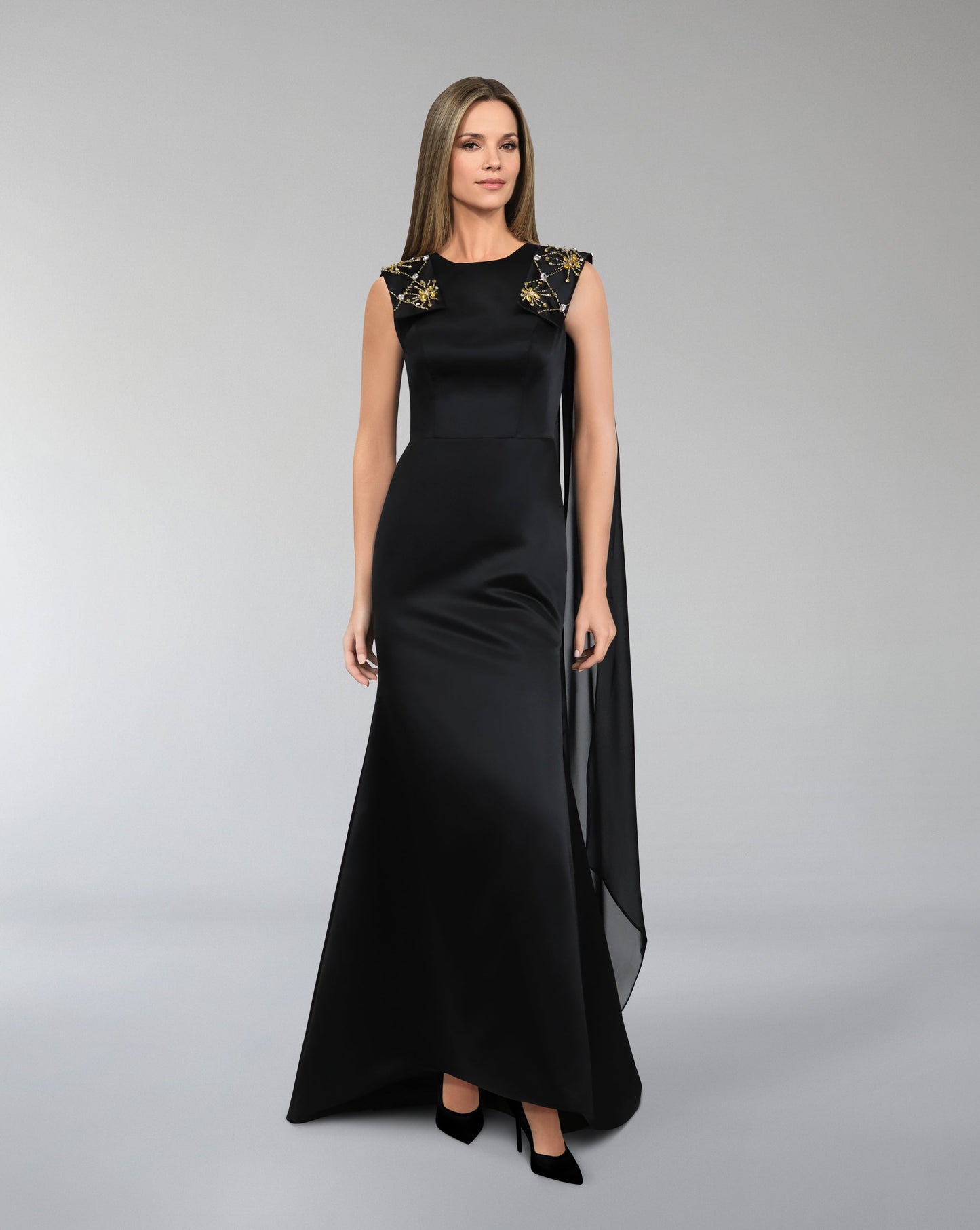 Sleeveless dress with beaded shoulder band and capes - ODD-LORAAH