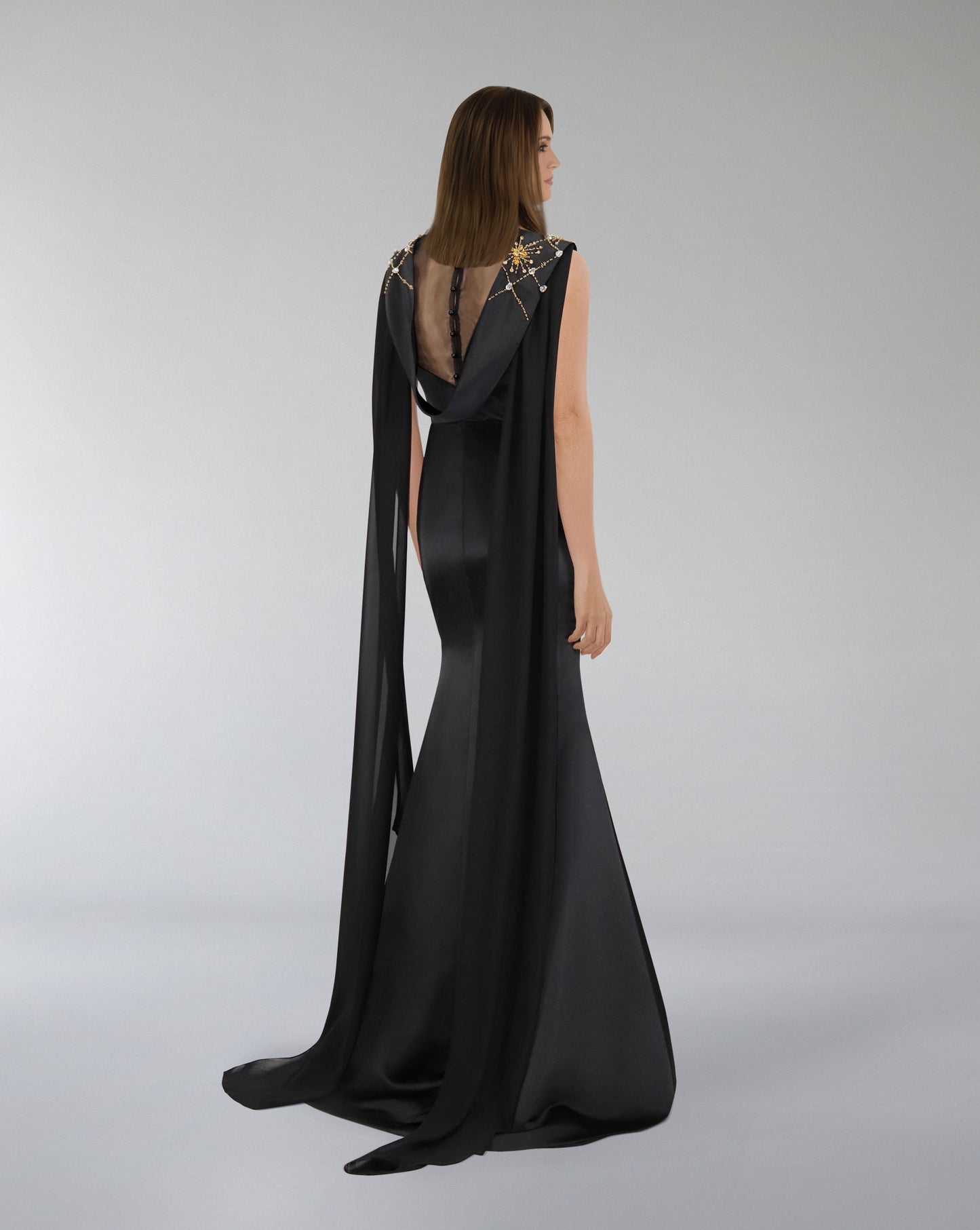 Sleeveless dress with beaded shoulder band and capes - ODD-LORAAH