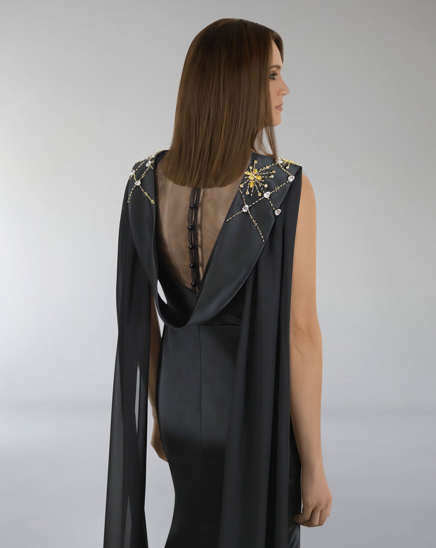 Sleeveless dress with beaded shoulder band and capes - ODD-LORAAH