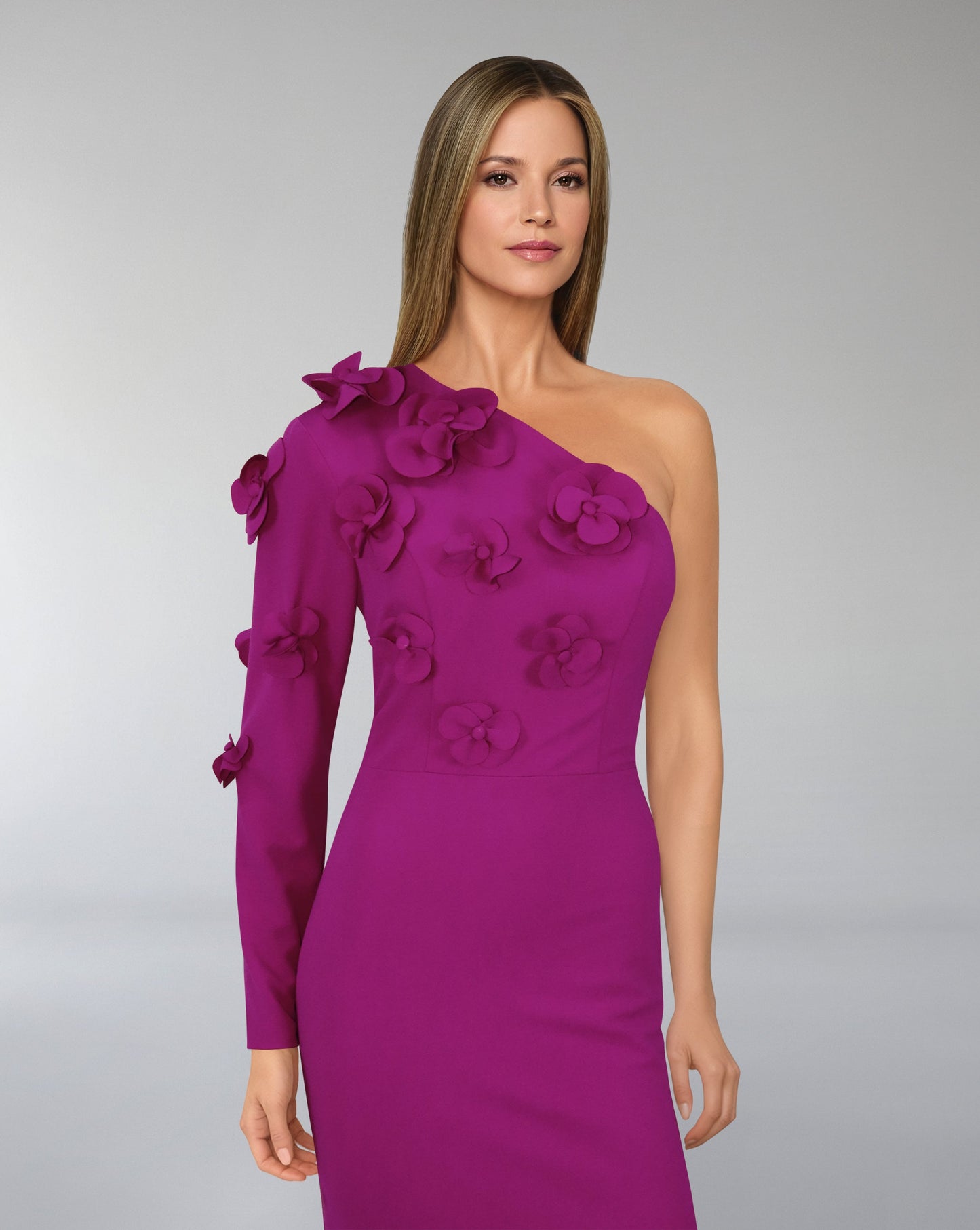 Shoulder off column dress with long sleeves and 3D Flowers - ODD-ZMARAK