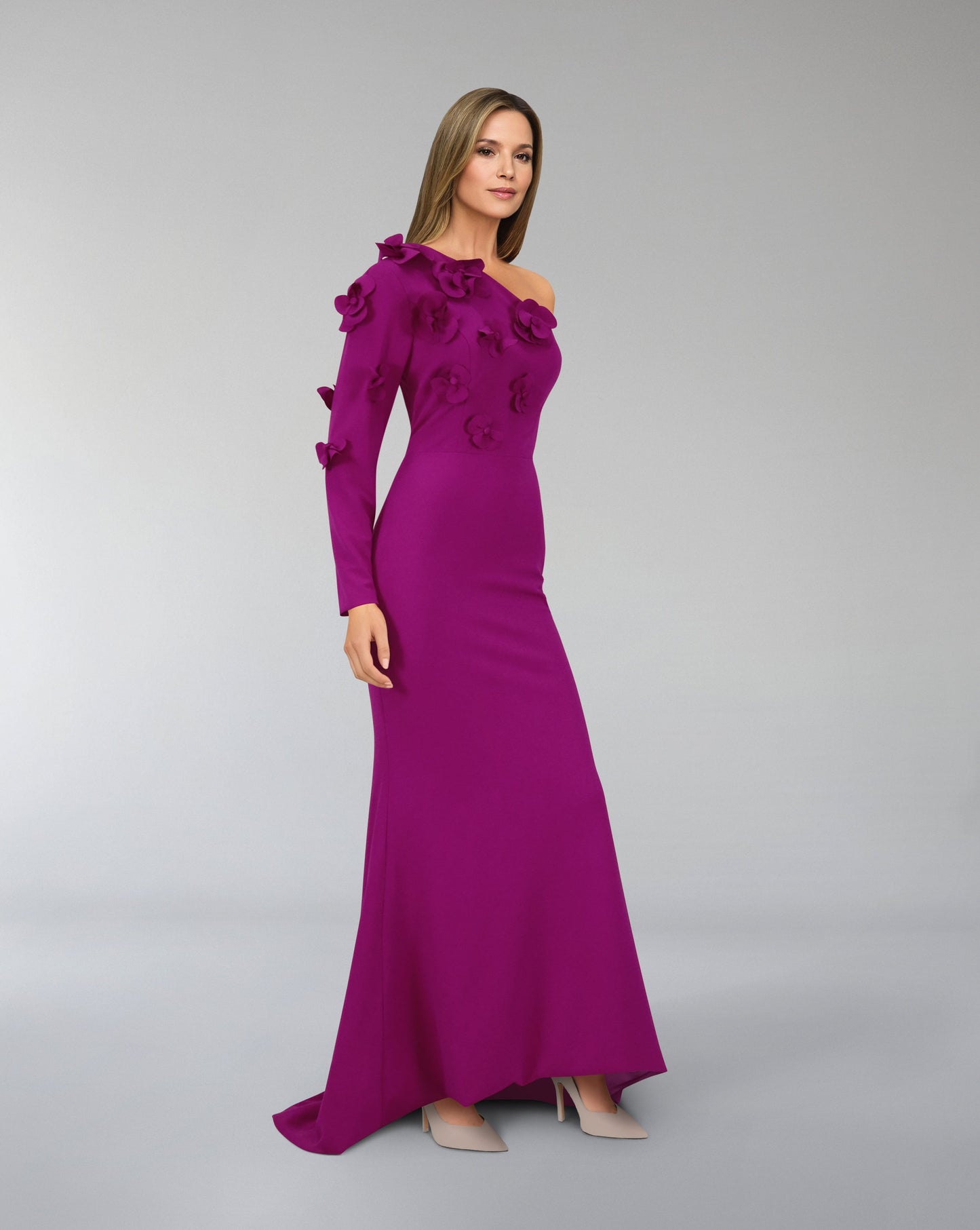 Shoulder off column dress with long sleeves and 3D Flowers - ODD-ZMARAK