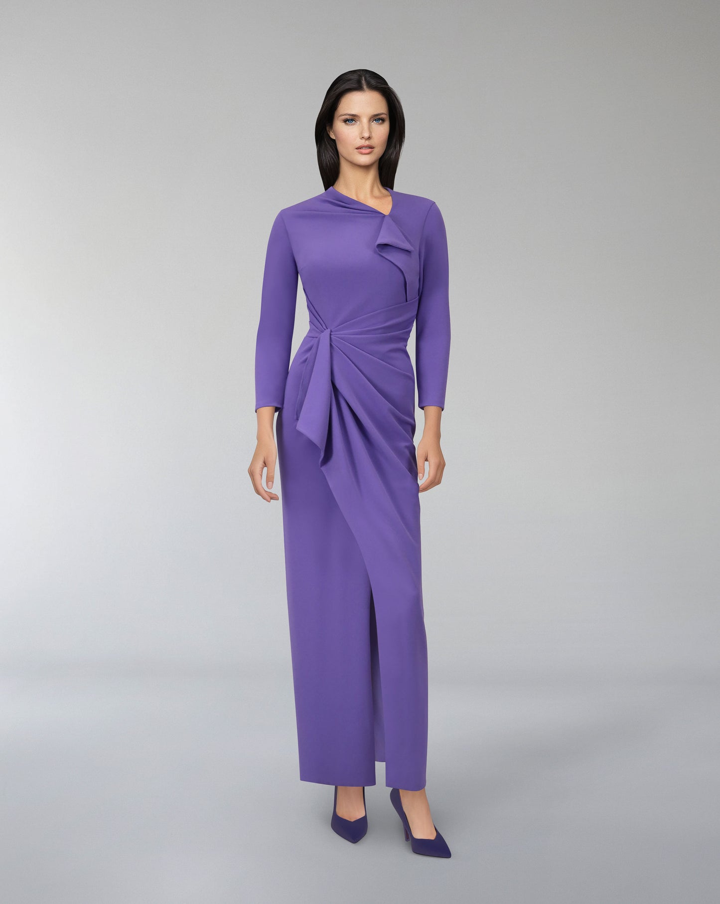 Asymmetrically draped dress with front slit ODD-Kevey