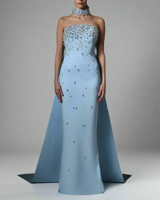 Light blue crepe dress with full embroidered - ODD- Carolina