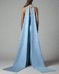 Light blue crepe dress with full embroidered - ODD- Carolina