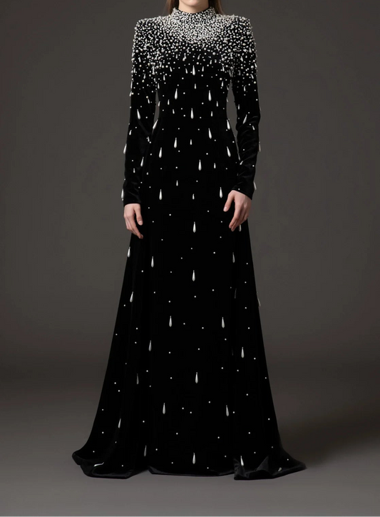 Long sleeve velvet gown with pearl cascade - ODD- Sinmu