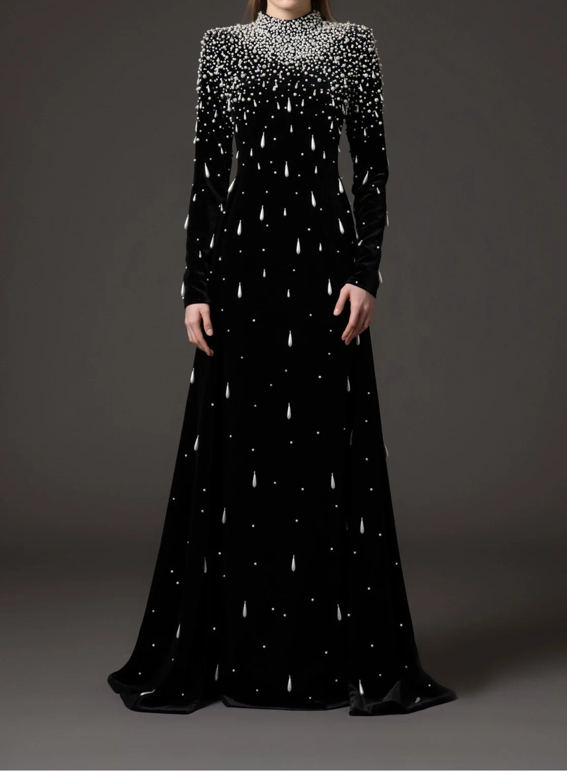 Long sleeve velvet gown with pearl cascade - ODD- Sinmu