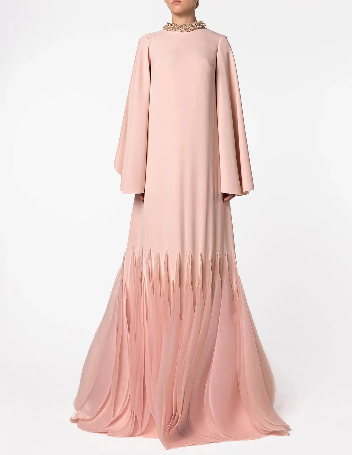 Long Sleeve A-Line Gown with Pleated Chiffon Hem and Embellished Neckline - ODD- ROSA