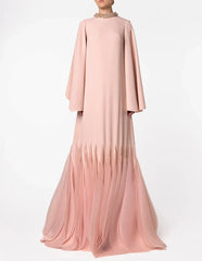 Long Sleeve A-Line Gown with Pleated Chiffon Hem and Embellished Neckline - ODD- ROSA