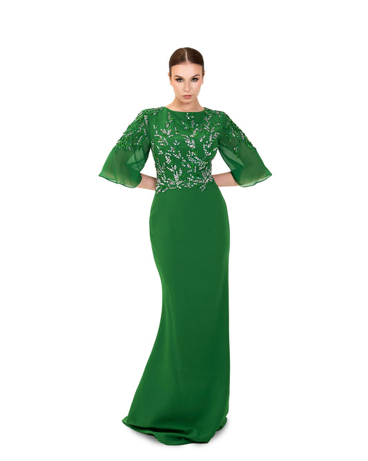 ODD-Sequined column dress with see-through/bell sleeves