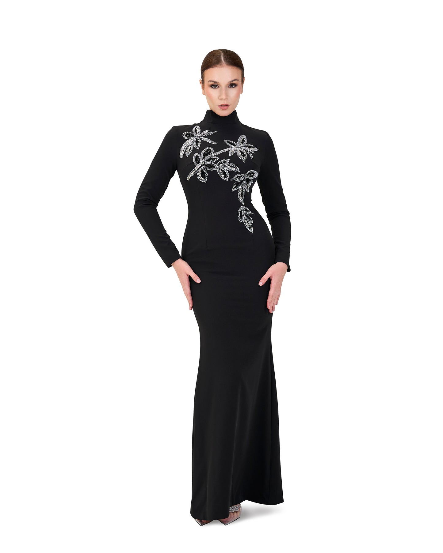 ODD-Long sleeve column dress with beaded flowers