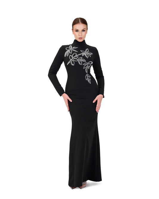 ODD-Long sleeve column dress with beaded flowers