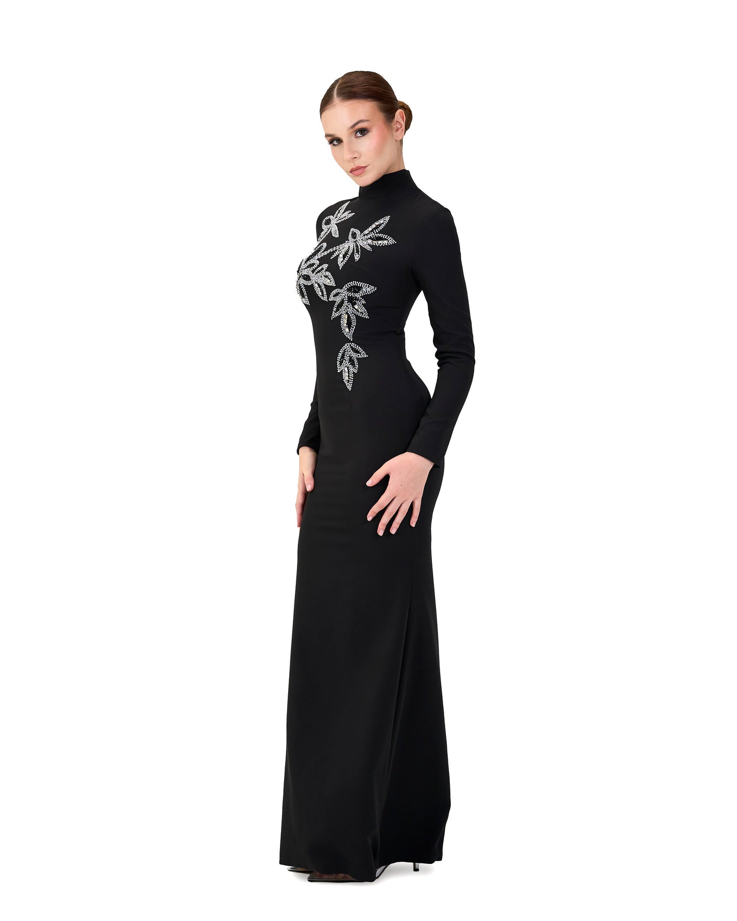 ODD-Long sleeve column dress with beaded flowers