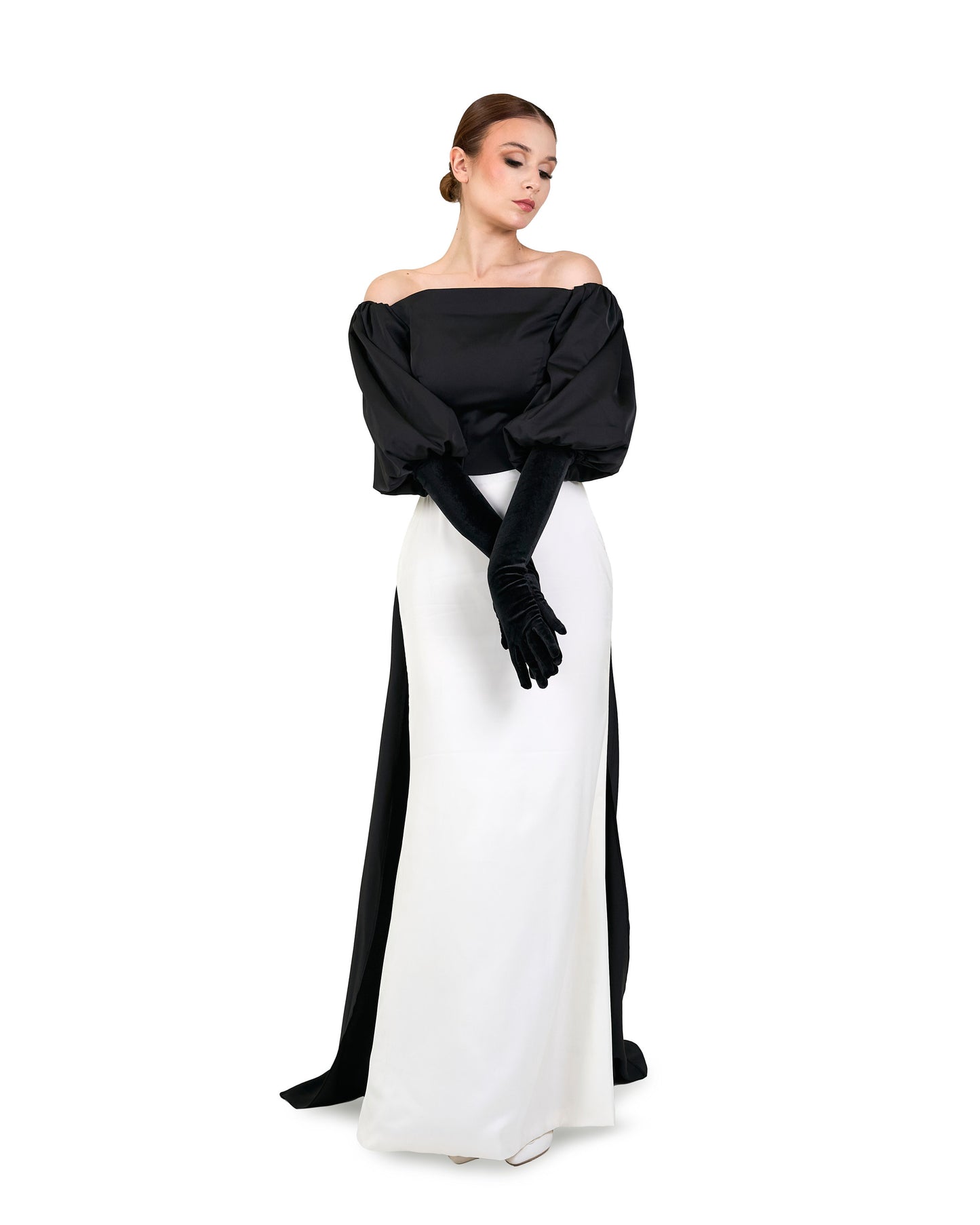 ODD-Shoulders off bicolour dress with puffed sleeves and gloves