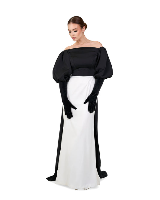 ODD-Shoulders off bicolour dress with puffed sleeves and gloves