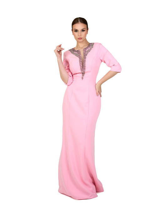 ODD-Sequinned neckline - long floor length pink dress
