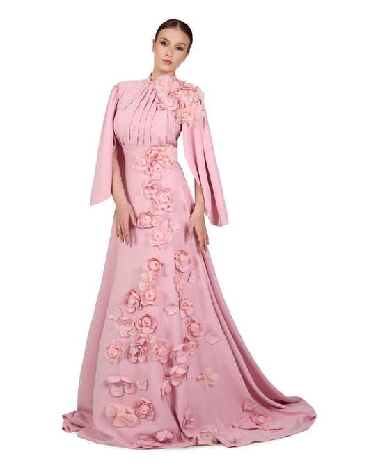 3D flowered maxi dress with cape sleeves-ODD-Trisha