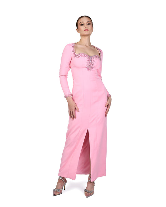 Beaded hearth neckline dress with front slit ODD-Lordin