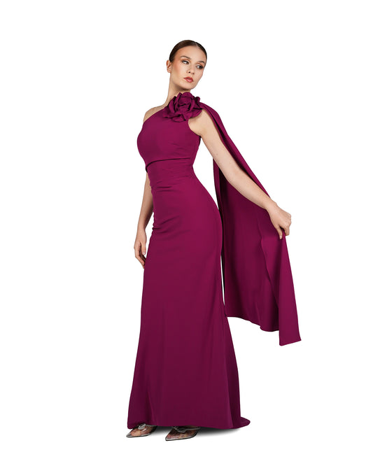 ODD-Shoulder off draped dress with 3D flower