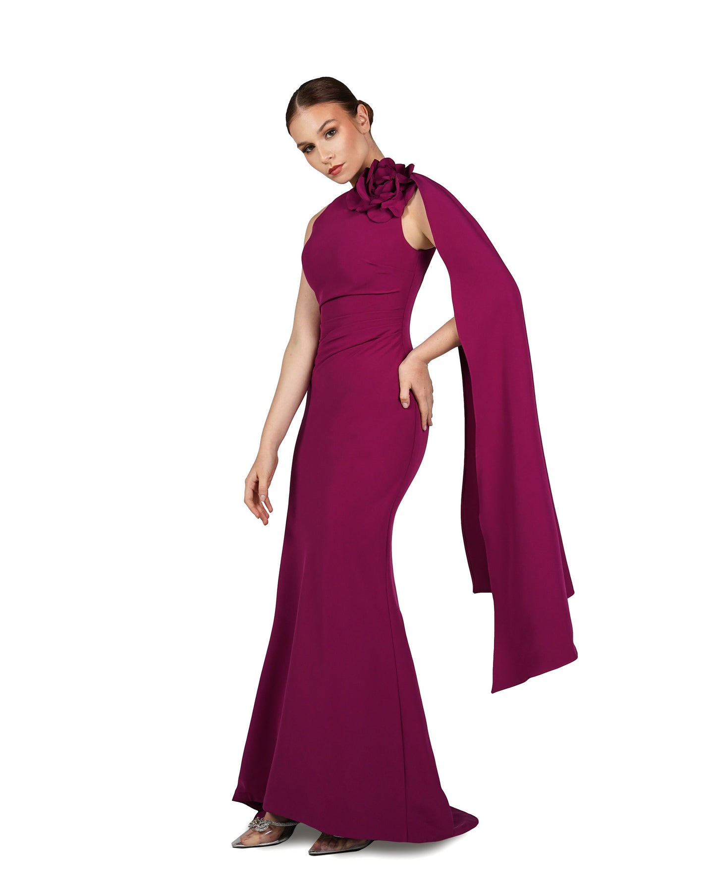 ODD-Shoulder off draped dress with 3D flower