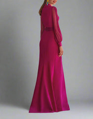 Plunge-neck gown with sheer sleeves and draped waist – ODD- Chayala