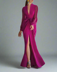 Plunge-neck gown with sheer sleeves and draped waist – ODD- Chayala