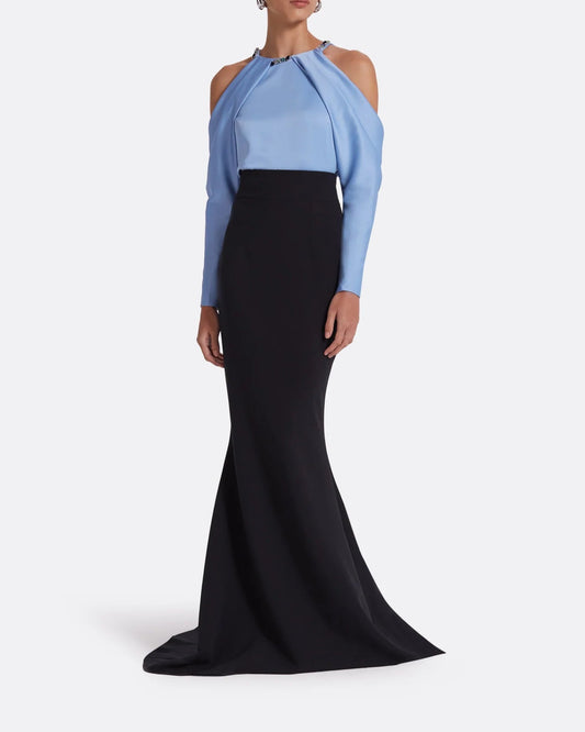 Two-tone mermaid dress with embellished neckline and draped cape - ODD - CAROLINA