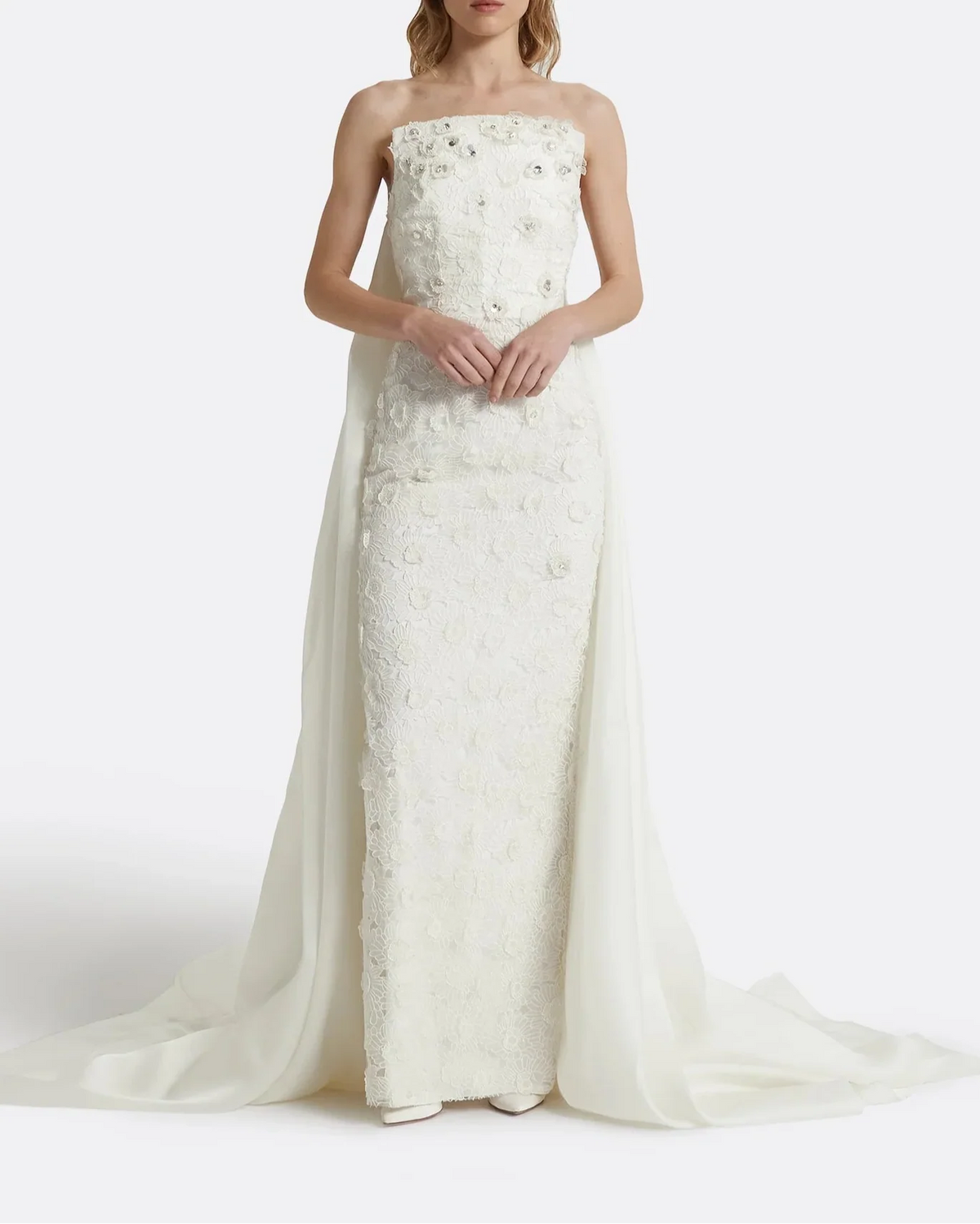 Floral Embroidered Strapless Column Dress with Cape - ODD- Elizabeth