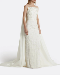 Floral Embroidered Strapless Column Dress with Cape - ODD- Elizabeth