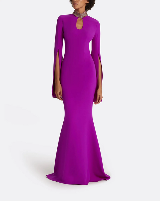 long-sleeve mermaid gown with beaded collar – ODD- VIOLETTA