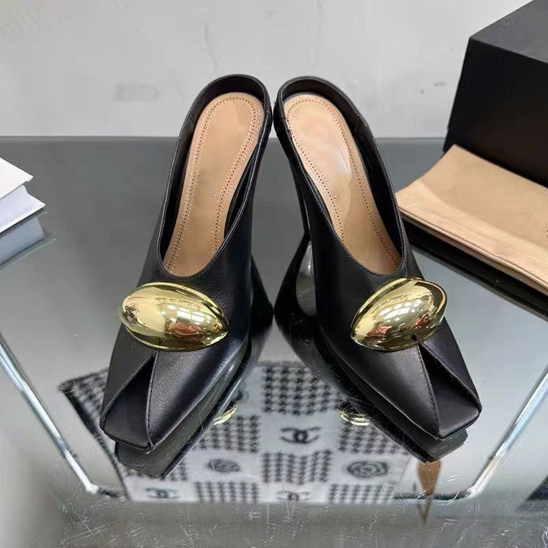 black leather mules with gold oval detail - ODD- LOMA