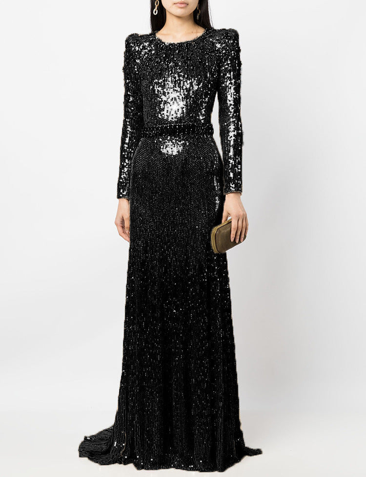Long sleeve column dress with sequined embellishments - ODD- Jinwy
