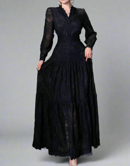 long sleeve lace midi dress with flared hem - ODD- NOIXUR