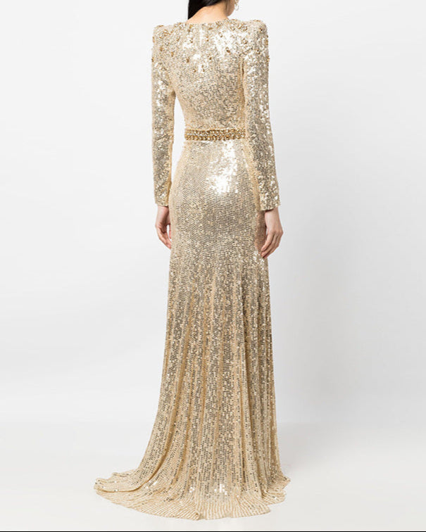 Long sleeve column dress with sequined embellishments - ODD- Jinwy