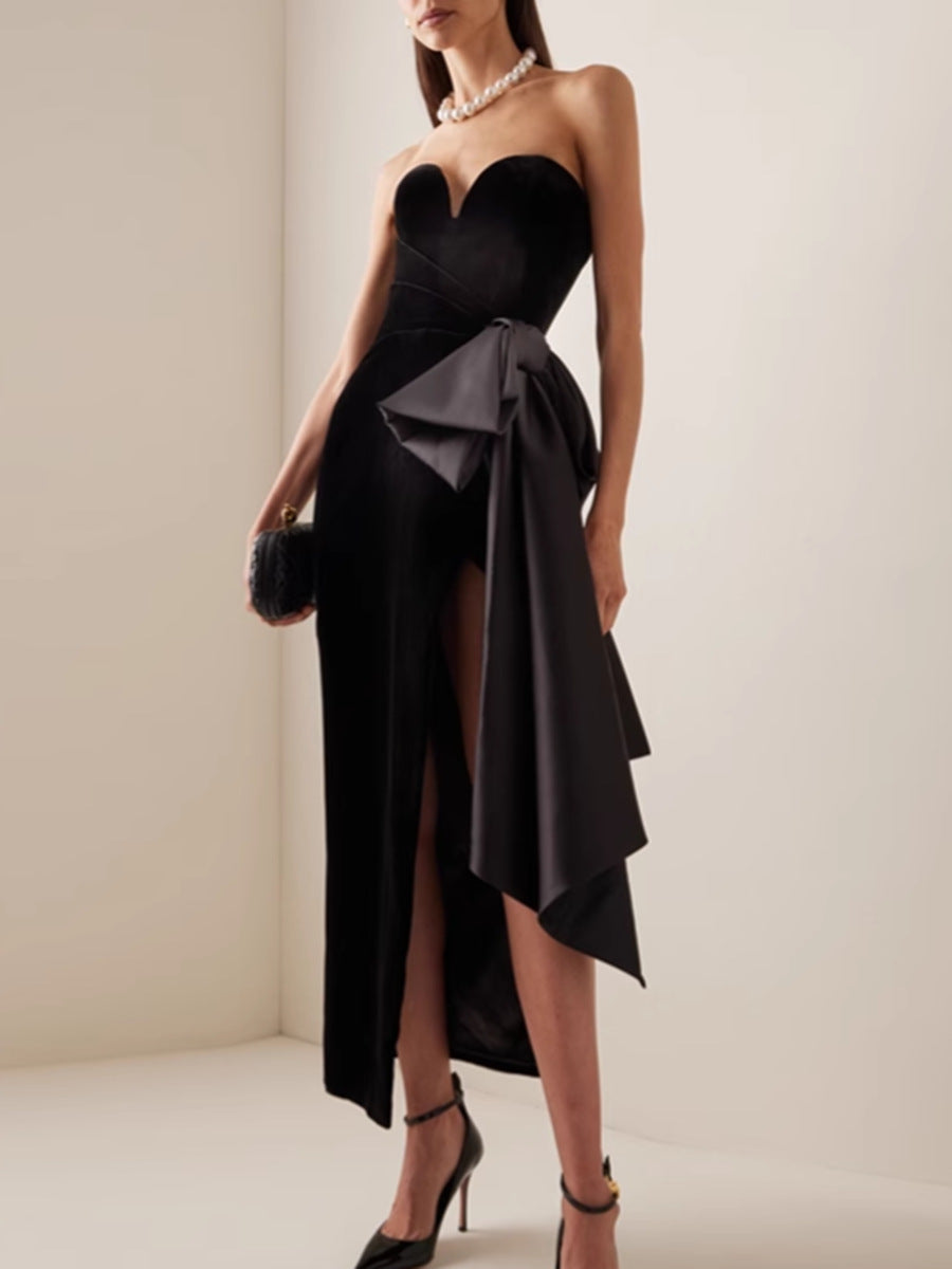 strapless velvet gown with oversized side bow – ODD- NOIRUV