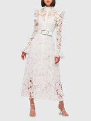 ODD- long-sleeve lace midi dress with belt – Tesoro