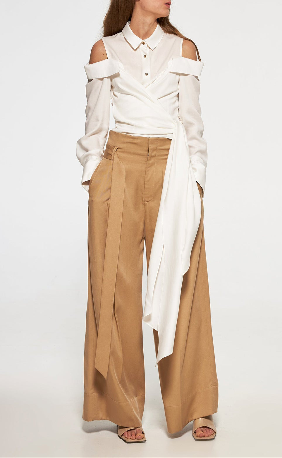 Off-Shoulder Buttoned Shirt with Waist Tie - ODD- Burti