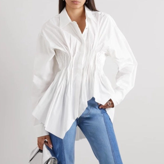 long-sleeve button-down shirt with ruched waist and flared hem – ODD- CLEO