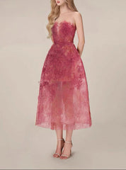 strapless lace midi dress with sheer overlay – ODD- Riklu