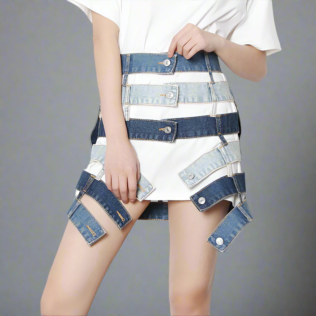 patchwork denim waist belt skirt - ODD- Talikha