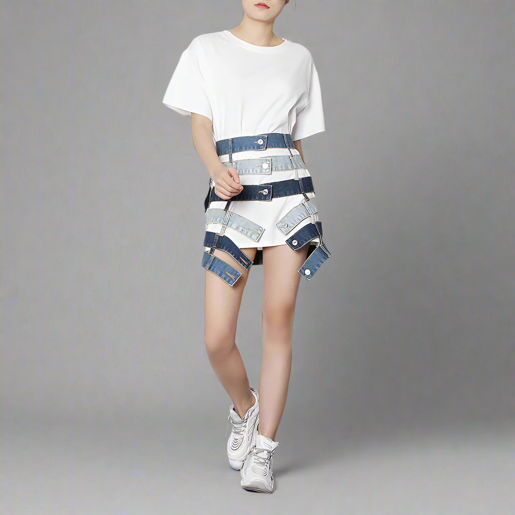 patchwork denim waist belt skirt - ODD- Talikha