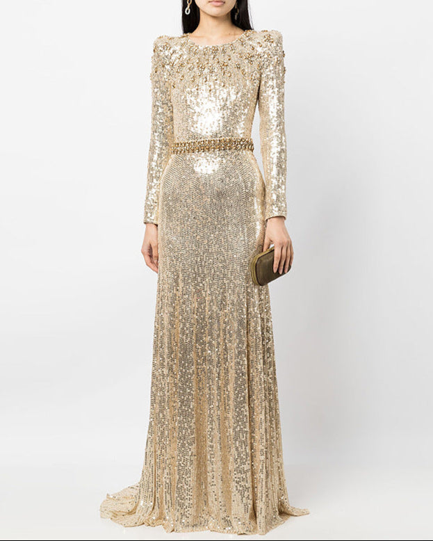 Long sleeve column dress with sequined embellishments - ODD- Jinwy