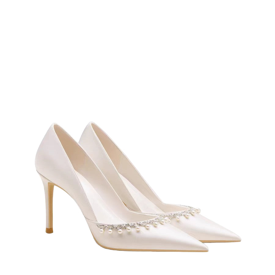 satin pointed-toe heels with pearl trim – ODD- ELARATU