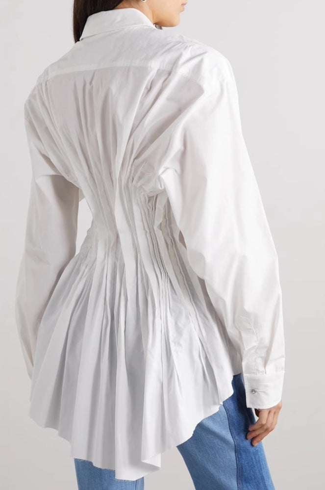 long-sleeve button-down shirt with ruched waist and flared hem – ODD- CLEO